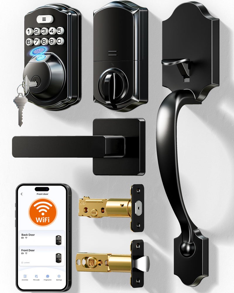 Veise VE012W-H WiFi Smart Front Door Lock Set, Built-in WiFi, App Remote & Voice Control, Fingerprint Keyless Entry Smart deadbolt with Handle, Backlit Keypad, Auto Lock, IP55 Waterproof, Matte Black - Image 1