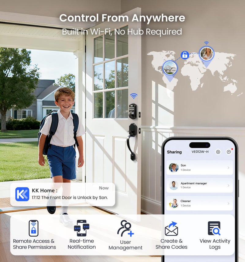 Veise VE012W-H WiFi Smart Front Door Lock Set, Built-in WiFi, App Remote & Voice Control, Fingerprint Keyless Entry Smart deadbolt with Handle, Backlit Keypad, Auto Lock, IP55 Waterproof, Matte Black - Image 2
