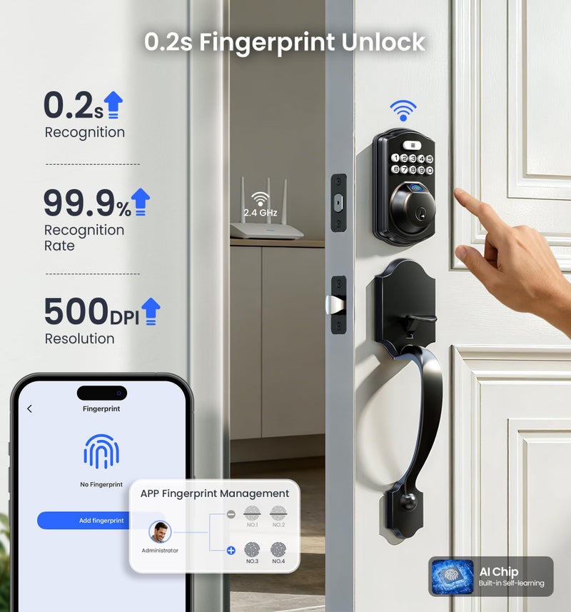 Veise VE012W-H WiFi Smart Front Door Lock Set, Built-in WiFi, App Remote & Voice Control, Fingerprint Keyless Entry Smart deadbolt with Handle, Backlit Keypad, Auto Lock, IP55 Waterproof, Matte Black - Image 4