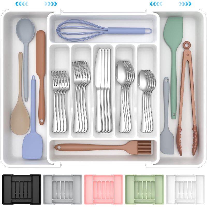 ukeetap Extra Large Expandable Silverware Organizer, BPA-Free Food-Safe Cutlery Flatware Organizer, Kitchen Utensil Drawer Organizer, Adjustable Silverware Holder for Spoons Forks Knives, White - Image 1