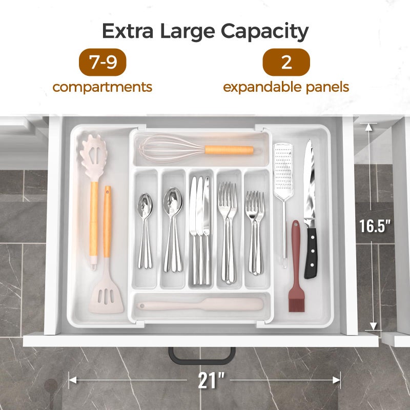 ukeetap Extra Large Expandable Silverware Organizer, BPA-Free Food-Safe Cutlery Flatware Organizer, Kitchen Utensil Drawer Organizer, Adjustable Silverware Holder for Spoons Forks Knives, White - Image 2