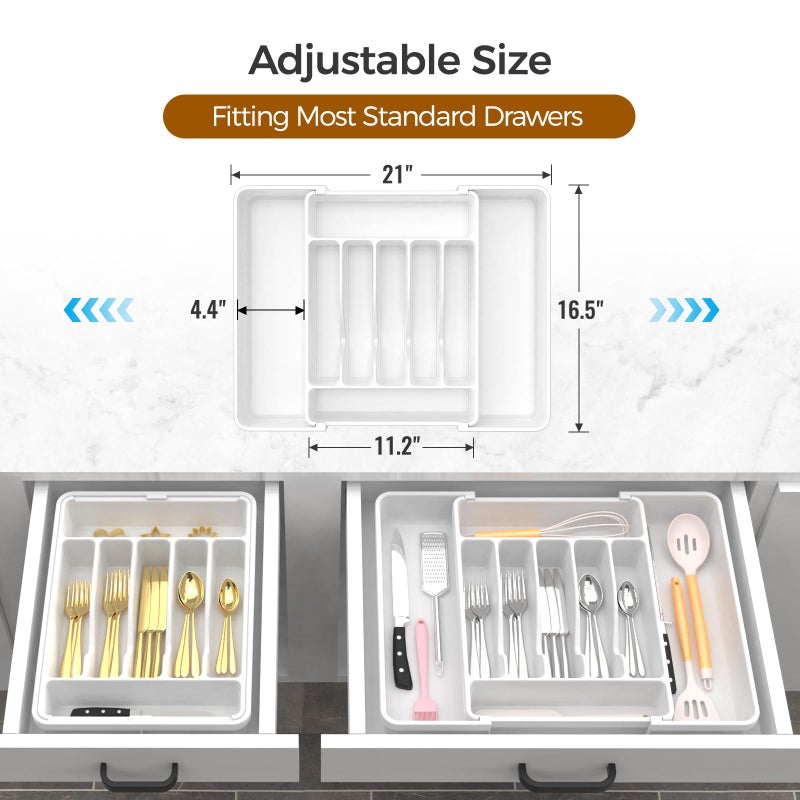ukeetap Extra Large Expandable Silverware Organizer, BPA-Free Food-Safe Cutlery Flatware Organizer, Kitchen Utensil Drawer Organizer, Adjustable Silverware Holder for Spoons Forks Knives, White - Image 3