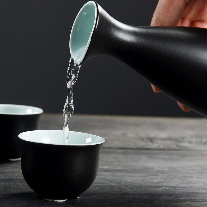 Dltsli Dltsli Ceramic Sake Set with Warmer Pot Tray, Stovetop Porcelain Pottery Hot Saki Drink Bottle, 10pcs Set 1 Stove 1 Warming Bowl 1 Sake Bottle 1 Tray 6 Cup Keep Sake Storage Box (Black)  - Image 5