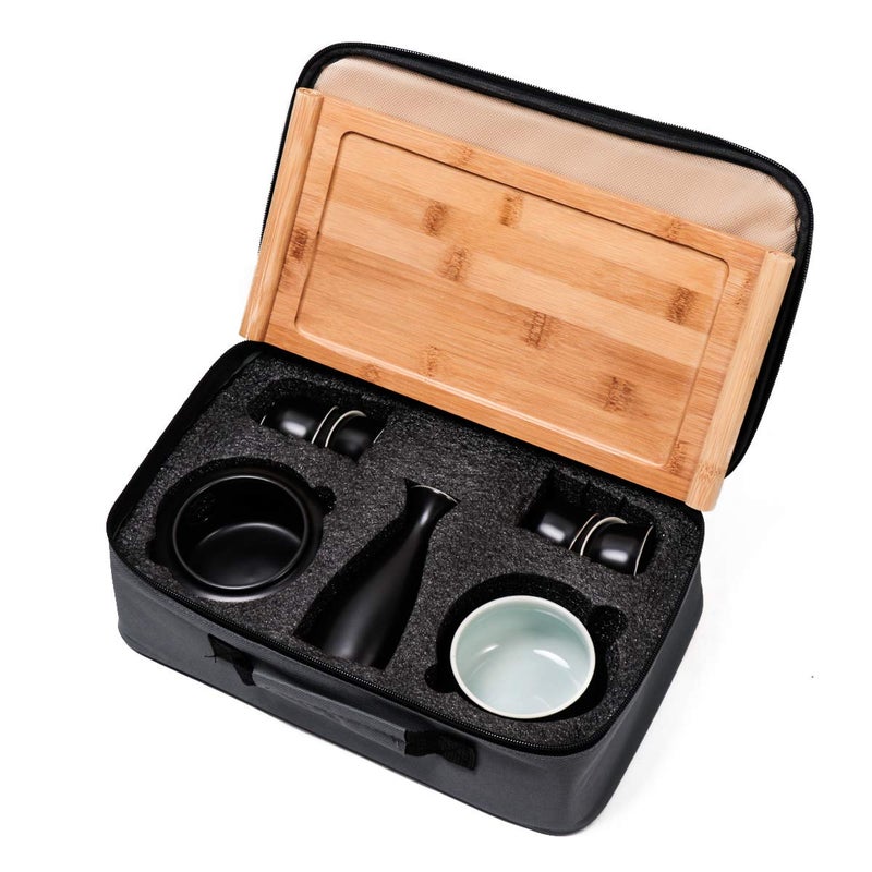 Dltsli Dltsli Ceramic Sake Set with Warmer Pot Tray, Stovetop Porcelain Pottery Hot Saki Drink Bottle, 10pcs Set 1 Stove 1 Warming Bowl 1 Sake Bottle 1 Tray 6 Cup Keep Sake Storage Box (Black)  - Image 3