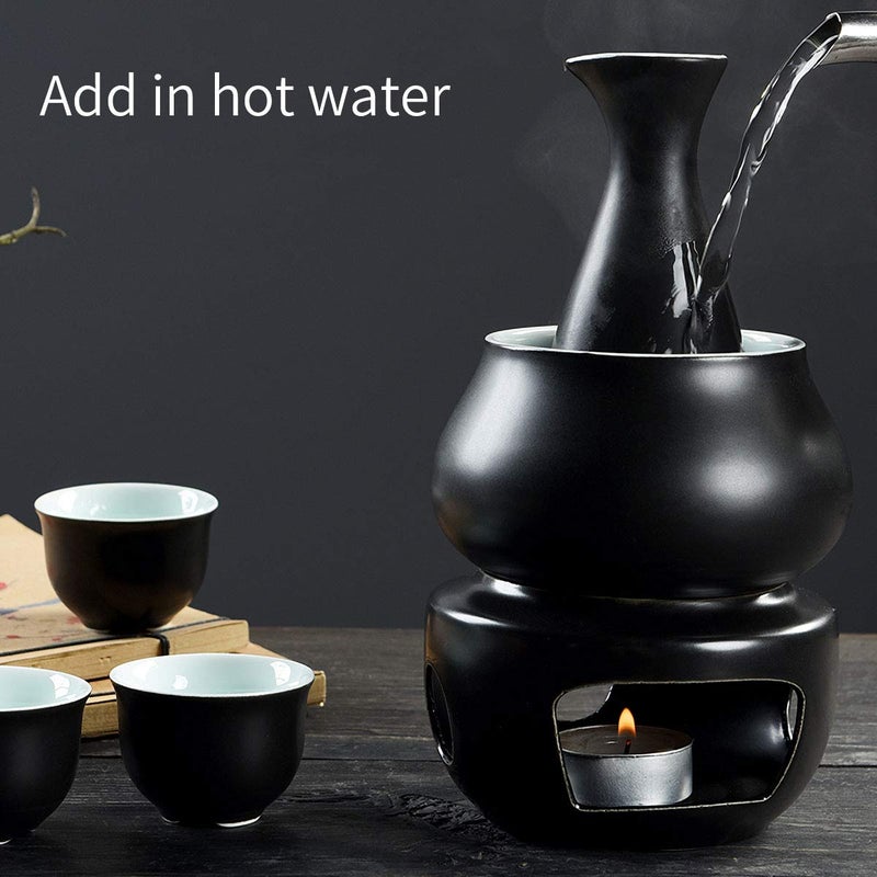 Dltsli Dltsli Ceramic Sake Set with Warmer Pot Tray, Stovetop Porcelain Pottery Hot Saki Drink Bottle, 10pcs Set 1 Stove 1 Warming Bowl 1 Sake Bottle 1 Tray 6 Cup Keep Sake Storage Box (Black)  - Image 4