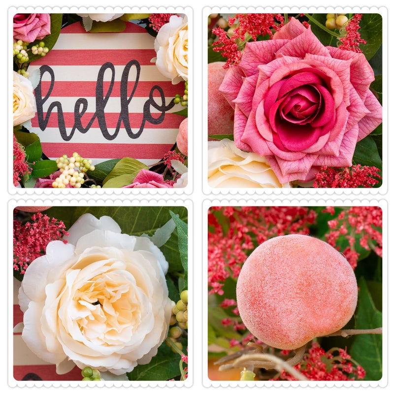 Soomeir Spring Wreaths for Front Door Outside, 24 Inch Peony & Rose Floral Summer Wreath with Pink Peach Farmhouse Door Decor, Summer Wreaths for Front Door, Spring Door Wreath for Front Door Outside - Image 3
