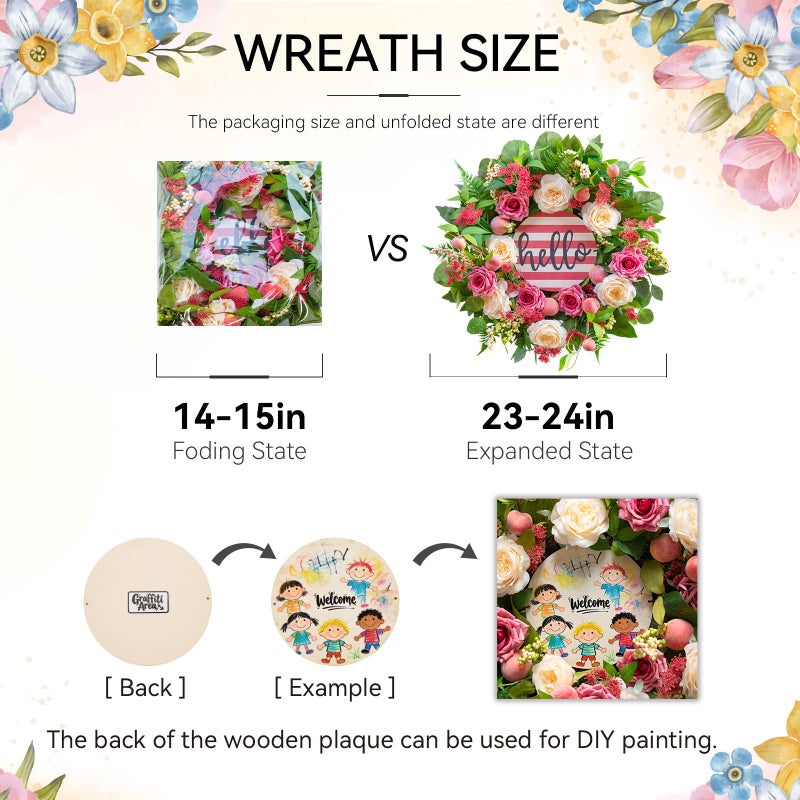 Soomeir Spring Wreaths for Front Door Outside, 24 Inch Peony & Rose Floral Summer Wreath with Pink Peach Farmhouse Door Decor, Summer Wreaths for Front Door, Spring Door Wreath for Front Door Outside - Image 4
