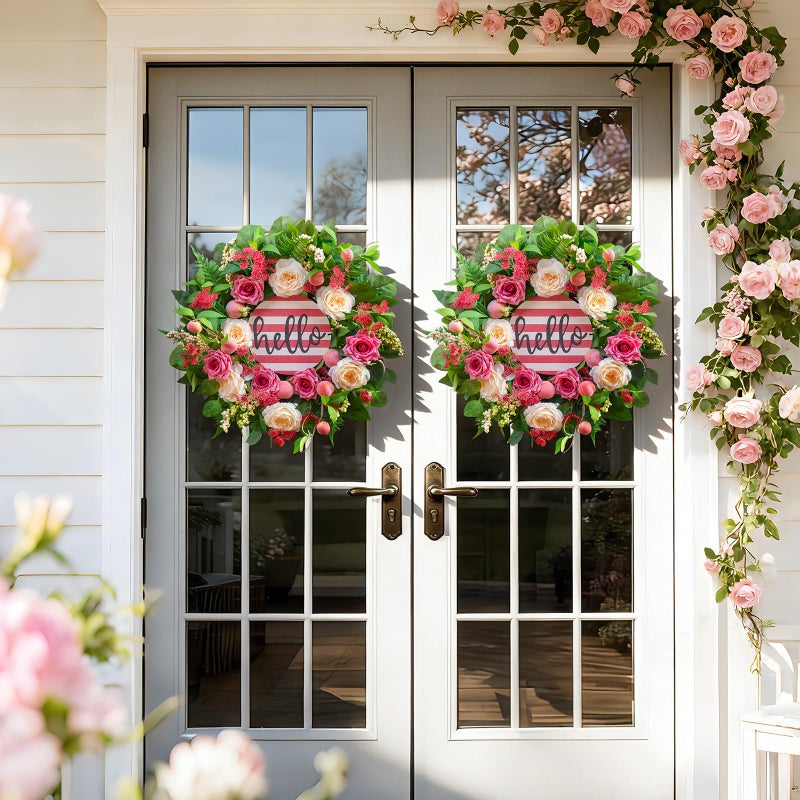 Soomeir Spring Wreaths for Front Door Outside, 24 Inch Peony & Rose Floral Summer Wreath with Pink Peach Farmhouse Door Decor, Summer Wreaths for Front Door, Spring Door Wreath for Front Door Outside - Image 5