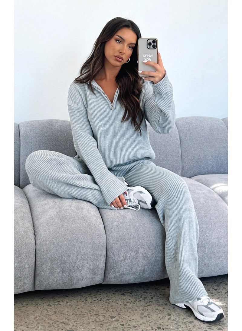 NIBEMINENT Turn-Down Collar Solid Patchwork Outfit, Autumn Winter Women Long Sleeve Matching Sets Knitting Fashion Loose Ladies Suits - Image 1