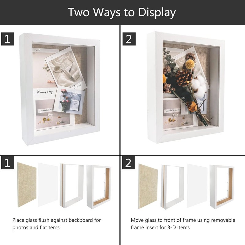 Shadow Box Frames for Crafts 3D Deep White Bouquet Flower Case Picture Memorabilia Memory Wooden Tabletop and Wall Hanging 9x11 - Image 3