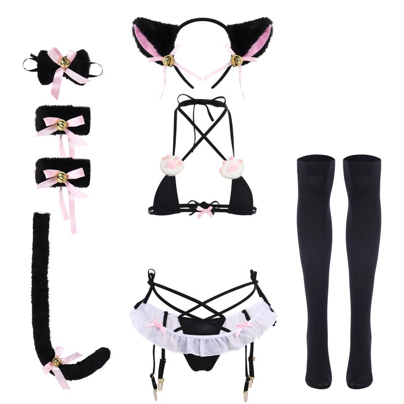 ABAFIP Women's Cute Anime Kawaii Cat Kitten Cosplay Strappy Lingerie Halter Micro Bikini Bra Panty Headband Garter Stockings Set Black-01 One Size - Image 1