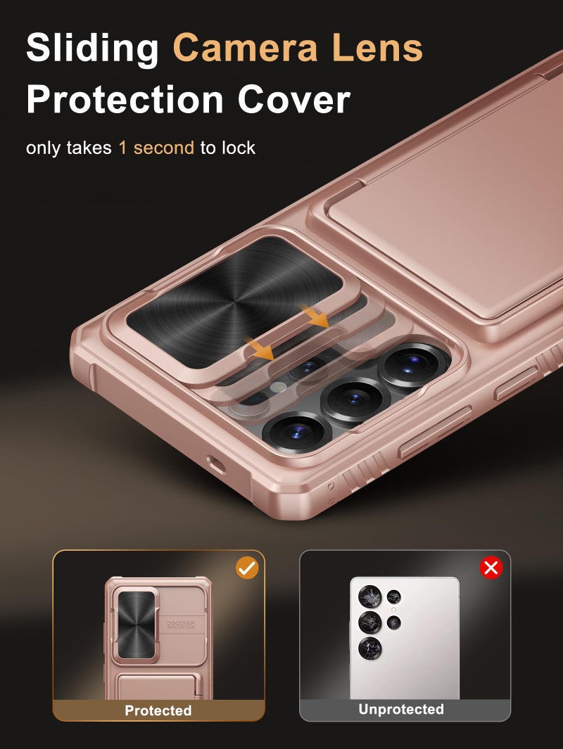 Vihibii for Samsung Galaxy S25 Ultra Case with Card Holder (4 Cards) [RFID Blocking] & Slide Camera Cover, Military Grade Drop Protection, Rugged Back & Silicone Edge Wallet Case, 6.9" 2025, Rose Gold - Image 4