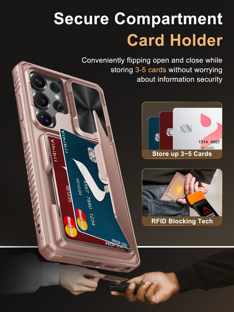 Vihibii for Samsung Galaxy S25 Ultra Case with Card Holder (4 Cards) [RFID Blocking] & Slide Camera Cover, Military Grade Drop Protection, Rugged Back & Silicone Edge Wallet Case, 6.9" 2025, Rose Gold - Image 3