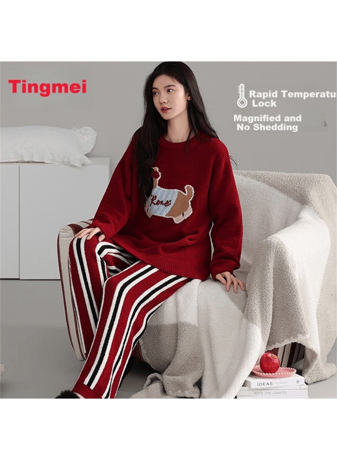 Gracewell Red Half-velvet Autumn Winter Women's Pajamas Casual Wearable New Year Coral Fleece Thickened Homewear Set