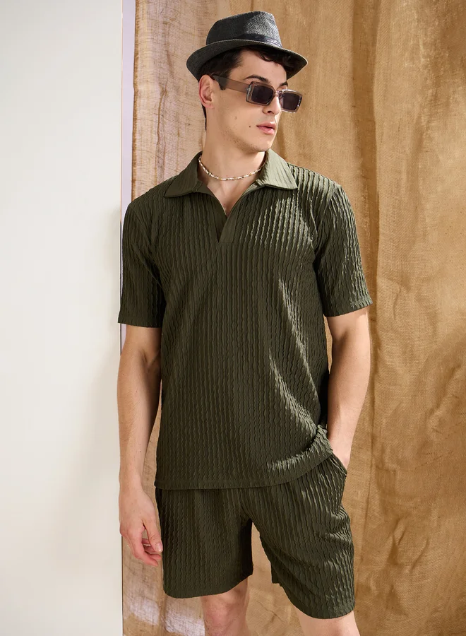 SASSAFRAS Sassafras Men Olive Textured Relaxed Fit Shorts with Drawstring Waist