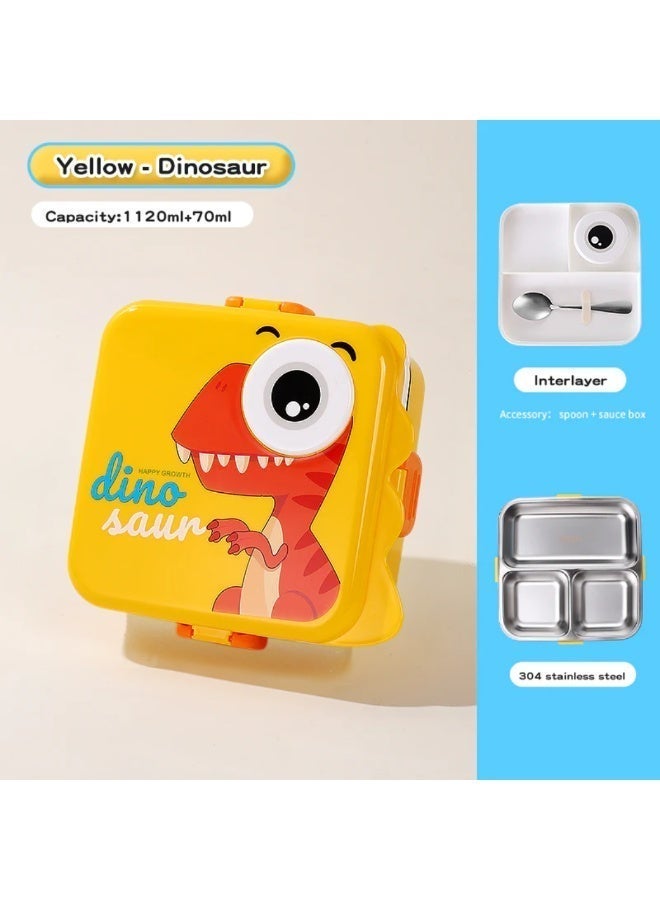 TAJ BAZAAR Dino Kids Lunch Box Stainless Steel Insulated – Double Decker Leakproof Bento Box with Spoon, Soup Bowl, Dishwasher Safe, for School or Travel– Ideal for Children (Dino Yellow Color) - Image 3