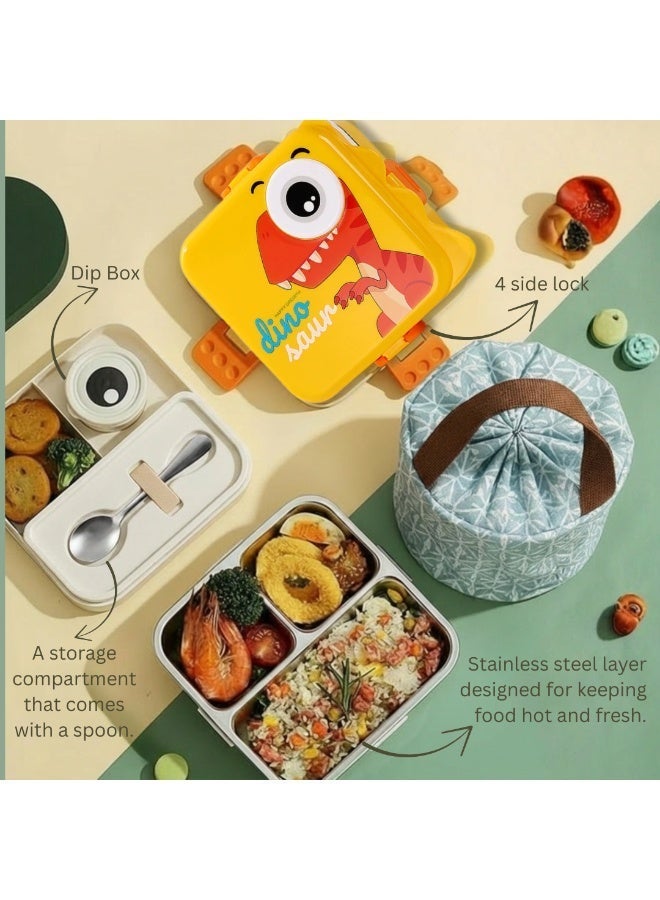 TAJ BAZAAR Dino Kids Lunch Box Stainless Steel Insulated – Double Decker Leakproof Bento Box with Spoon, Soup Bowl, Dishwasher Safe, for School or Travel– Ideal for Children (Dino Yellow Color) - Image 5