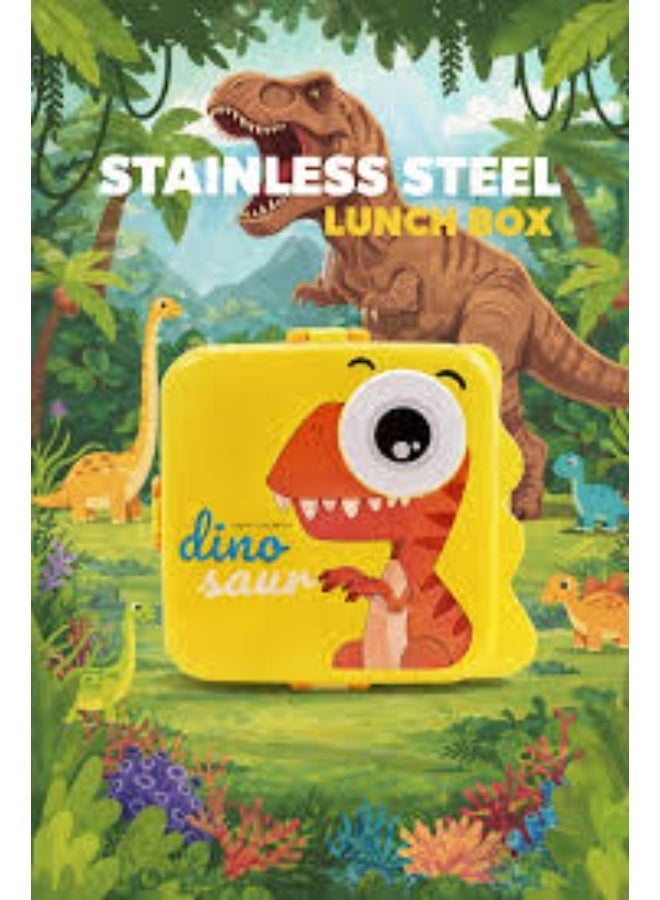 TAJ BAZAAR Dino Kids Lunch Box Stainless Steel Insulated – Double Decker Leakproof Bento Box with Spoon, Soup Bowl, Dishwasher Safe, for School or Travel– Ideal for Children (Dino Yellow Color) - Image 2