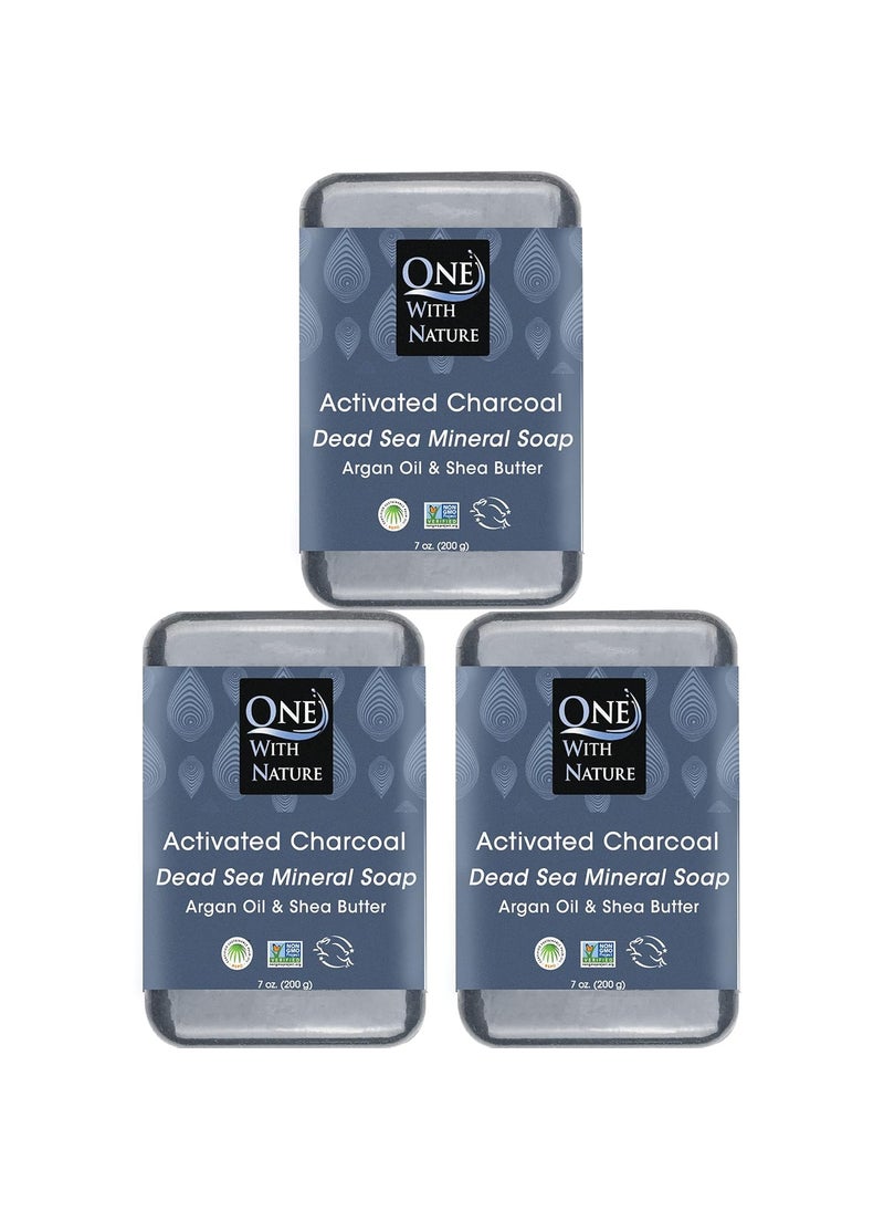 ONE WITH NATURE One With Nature Dead Sea Salt Activated Charcoal Soap 7oz 3Pack Black Bar Soap Detoxifying Body Wash Soap Bar  Face Soap Vegan Men Soap with Shea Butter 100 Natural Soap for Men  Women Soap Bar 