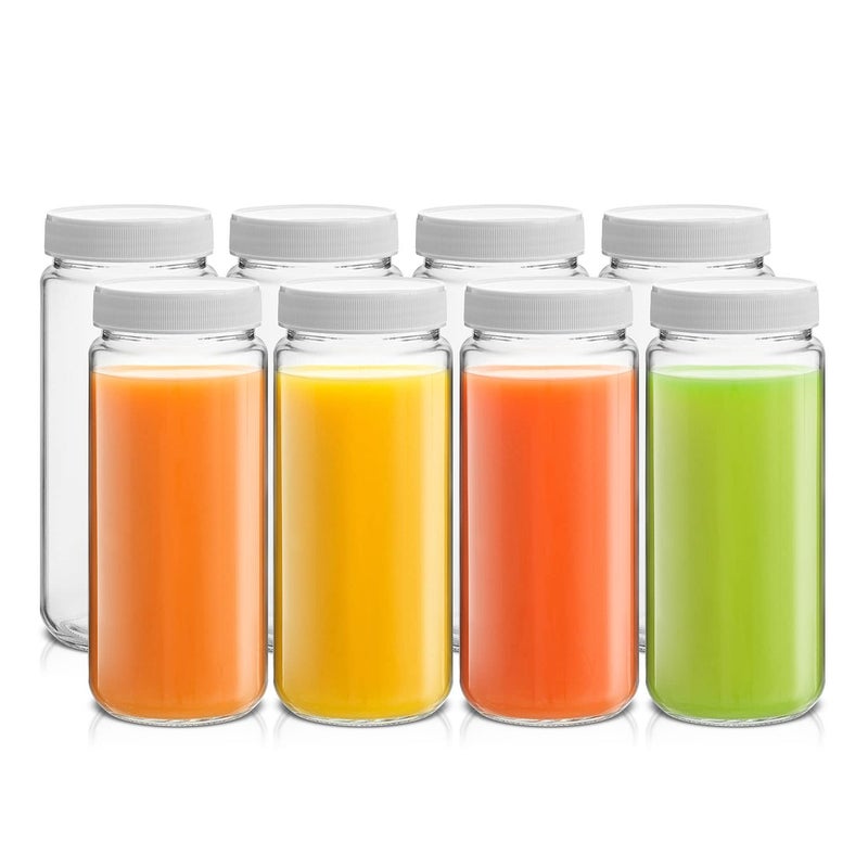 JoyJolt JoyJolt 16 oz Reusable Glass Bottles with Caps Set of 8 Juicing Bottles With Lids and Juice Jars Labels Glasses for Cold Brew Smoothie 