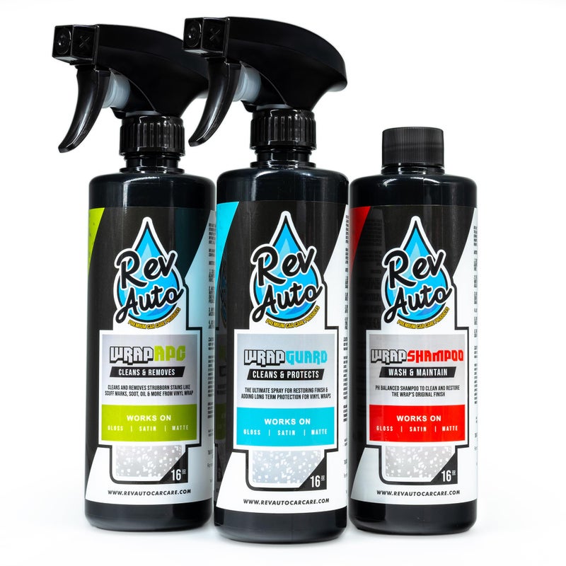 Rev Auto Vinyl Wrap Cleaner Kit 3Item Set Includes Wrap Detailer Shampoo Light Stain Remover Made for Gloss Satin Matte Chrome More