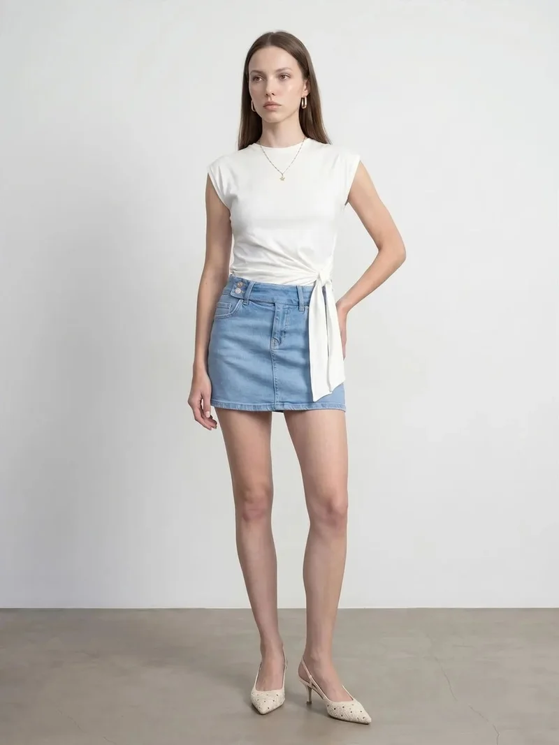 ديلفين Dilvin Women's Sleeveless Cotton Crew Neck T-Shirt with Tie Detail