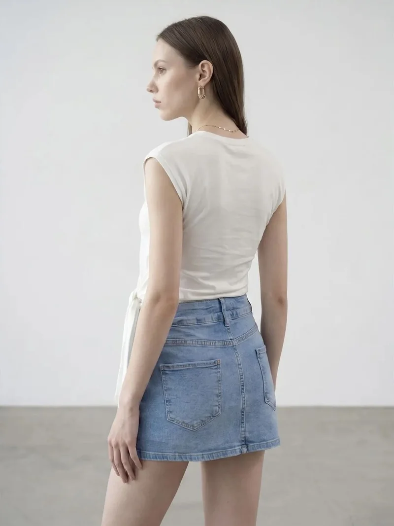 ديلفين Dilvin Women's Sleeveless Cotton Crew Neck T-Shirt with Tie Detail