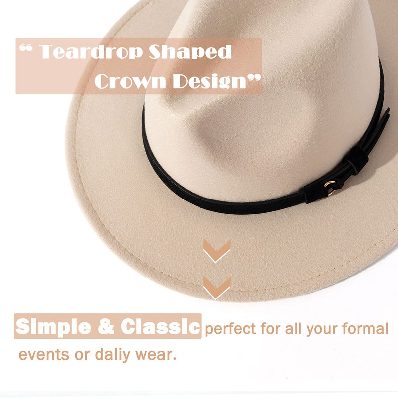 Lisianthus Men & Women Vintage Wide Brim Fedora Hat with Belt Buckle (Black Belt-Creamy, Large) - Image 2