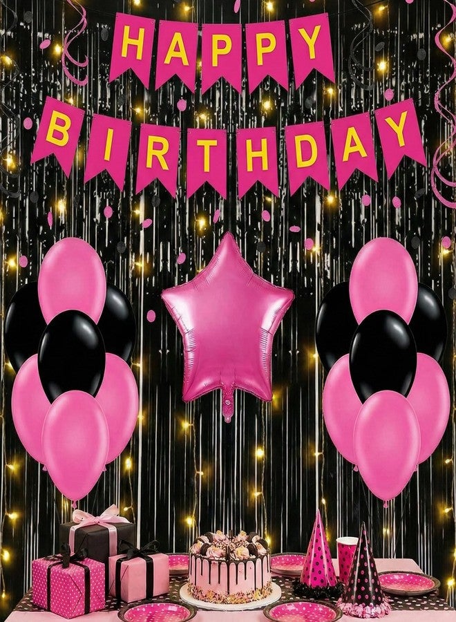 Decofy Premium Pink & Black Theme 26 Pcs Birthday Decoration Kit | Elegant Pink Black Balloon & Banner Birthday Decoration With Foil Balloons - Image 1