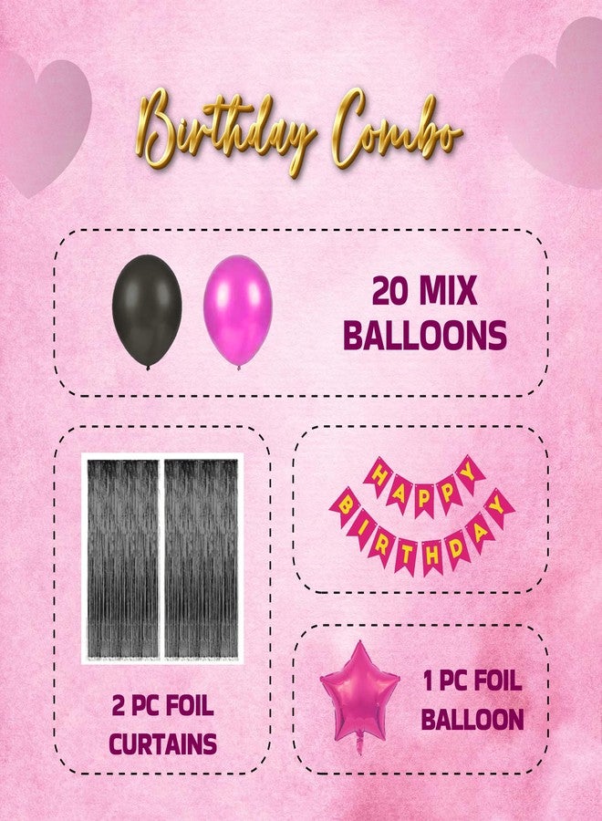 Decofy Premium Pink & Black Theme 26 Pcs Birthday Decoration Kit | Elegant Pink Black Balloon & Banner Birthday Decoration With Foil Balloons - Image 2