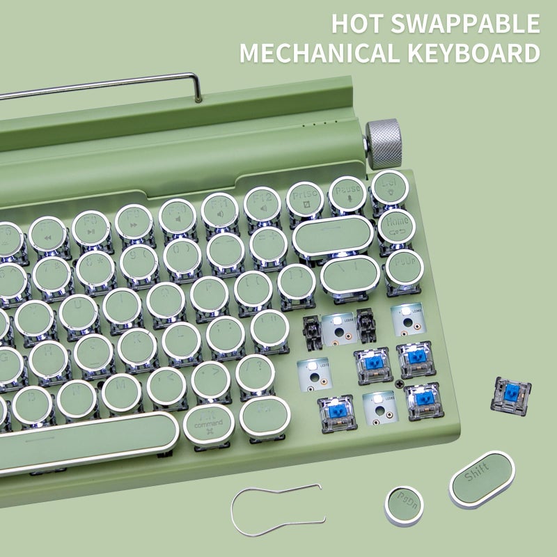Adventurers Retro Typewriter-Style Mechanical Keyboard, 83 Keys, 75% Compact Layout, Bluetooth 5.0 and Wired, Hot-Swappable Blue Switch, White Backlit for Windows/Mac/iPad/PC/Laptop (Mint Green) - Image 2