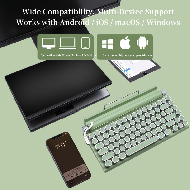 Adventurers Retro Typewriter-Style Mechanical Keyboard, 83 Keys, 75% Compact Layout, Bluetooth 5.0 and Wired, Hot-Swappable Blue Switch, White Backlit for Windows/Mac/iPad/PC/Laptop (Mint Green) - Image 5