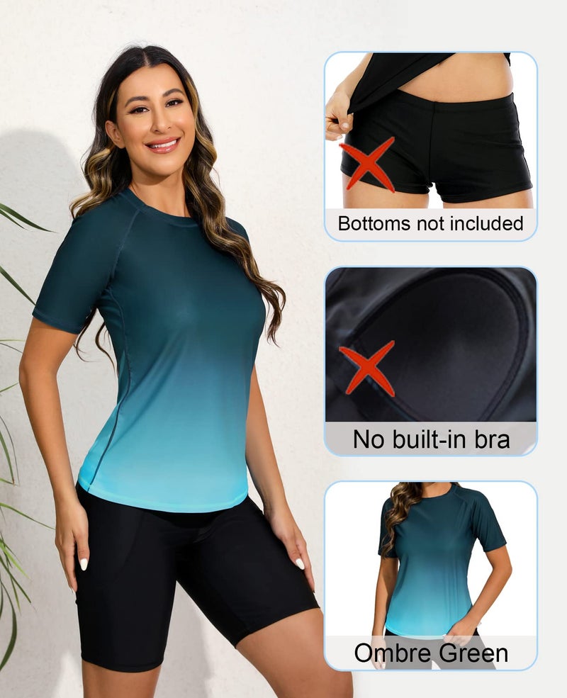 Halcurt Women's Short Sleeve Swim Shirt Rash Guard Swimsuit Top Only UPF50+ Sun Protection Bathing Suit Ombre Green L - Image 5