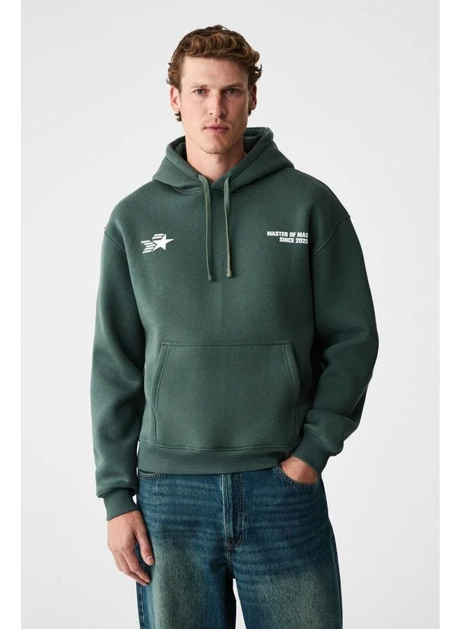 GRIMELANGE BLAISE Men's Front and Back Printed Hooded Corded Kangaroo Pocket Regular Fit Green Sweatshirt.