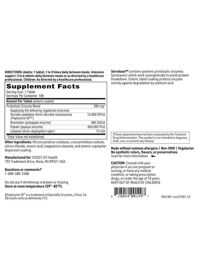 Klaire Labs Klaire Labs Serralase - Vegetarian Proteolytic Enzyme Blend with Serratia Peptidase & Bromelain for Digestion, Sourced from Papaya & Pineapple, Hypoallergenic (180 Enteric Coated Tablets) - Image 4