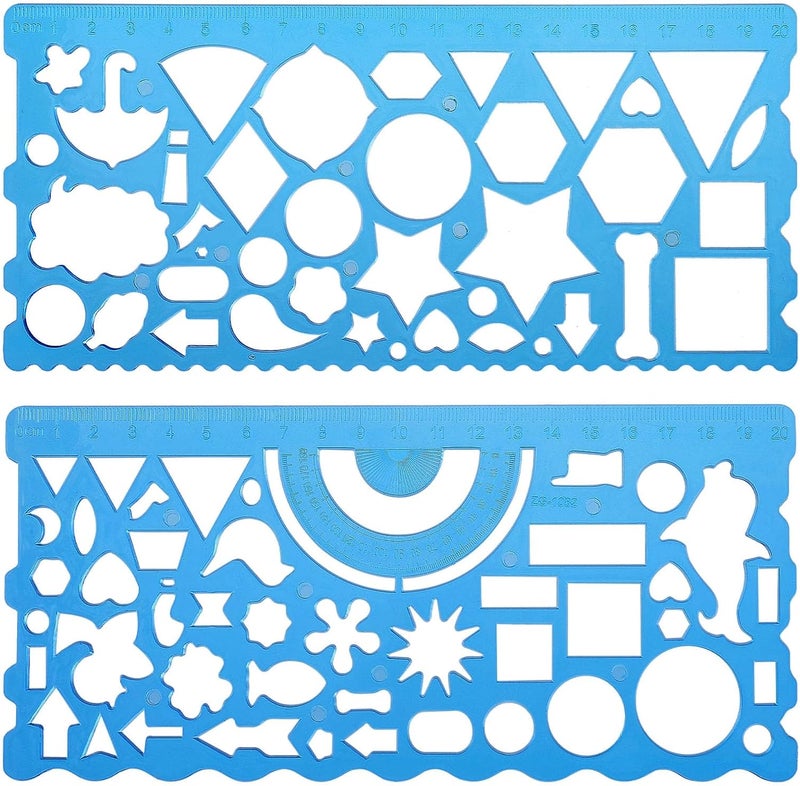 2 Pcs Geometric Drawings Templates, Multi-shaped Drafting Stencils, Plastic Measuring Templates Rulers Clear Drawing Triangle Tool Protractor Set for Studying Designing Office(Blue) - Image 1