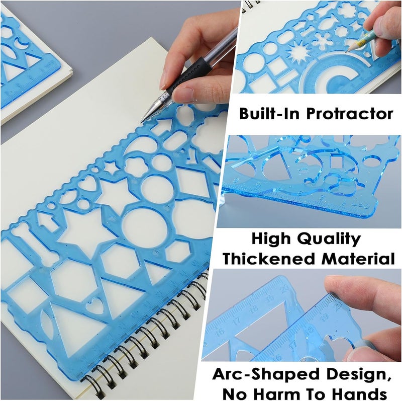 2 Pcs Geometric Drawings Templates, Multi-shaped Drafting Stencils, Plastic Measuring Templates Rulers Clear Drawing Triangle Tool Protractor Set for Studying Designing Office(Blue) - Image 4