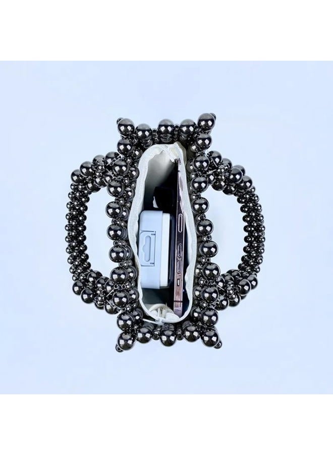 HIPIHOM Pearl Bag, Acrylic Handheld Beaded Handmade Women's Bag, Pearl Clutch Purse Handheld Small Square Handbag for Women Party (Black) - Image 4