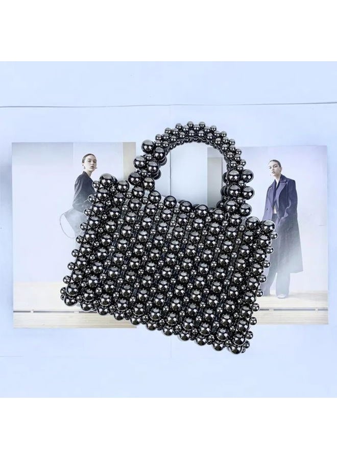 HIPIHOM Pearl Bag, Acrylic Handheld Beaded Handmade Women's Bag, Pearl Clutch Purse Handheld Small Square Handbag for Women Party (Black) - Image 2