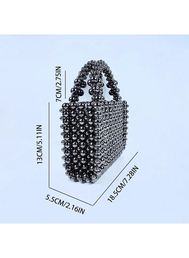 HIPIHOM Pearl Bag, Acrylic Handheld Beaded Handmade Women's Bag, Pearl Clutch Purse Handheld Small Square Handbag for Women Party (Black) - Image 5