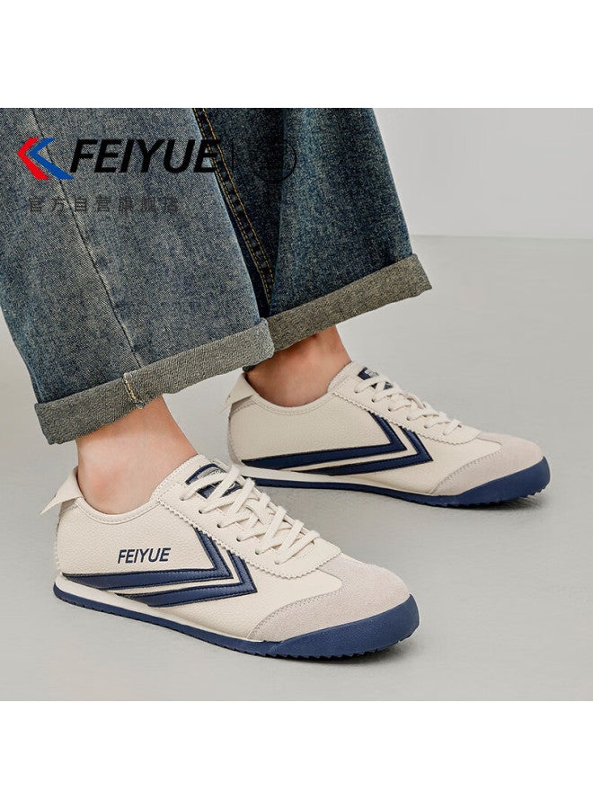 Feiyue Men's Sneakers, Leather Upper, Thickened Warm Casual Shoes For Winter , Beige Deep Blue, Size 44