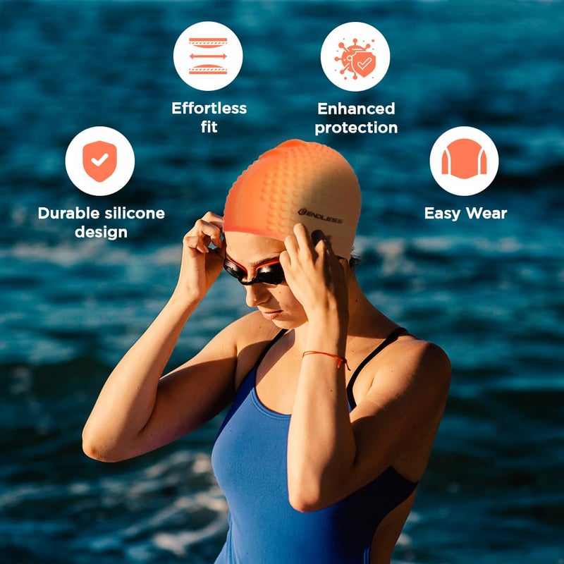 Endless EL1021 Comfortable Silicon Swimming Cap with Bubble Design | Orange | Material : Silicon | Elastic Waterproof Swimming Cap for Long and Short Hair with Thicker Edge | For Adults, Women and Men - Image 2