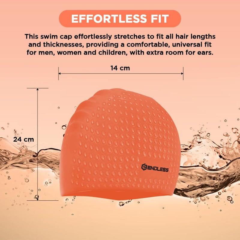 Endless EL1021 Comfortable Silicon Swimming Cap with Bubble Design | Orange | Material : Silicon | Elastic Waterproof Swimming Cap for Long and Short Hair with Thicker Edge | For Adults, Women and Men - Image 5