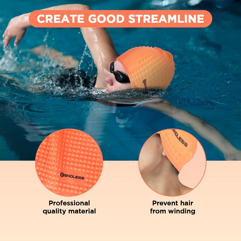 Endless EL1021 Comfortable Silicon Swimming Cap with Bubble Design | Orange | Material : Silicon | Elastic Waterproof Swimming Cap for Long and Short Hair with Thicker Edge | For Adults, Women and Men - Image 4