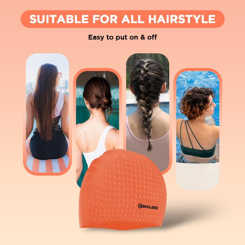 Endless EL1021 Comfortable Silicon Swimming Cap with Bubble Design | Orange | Material : Silicon | Elastic Waterproof Swimming Cap for Long and Short Hair with Thicker Edge | For Adults, Women and Men - Image 3