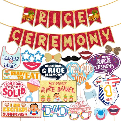 WOBBOX Annaprashan Party Props with Rice Ceremony Red & Golden Gliter Bunting Banner, Annaprashan Party Decoration (23 Pcs Combo) - Image 1