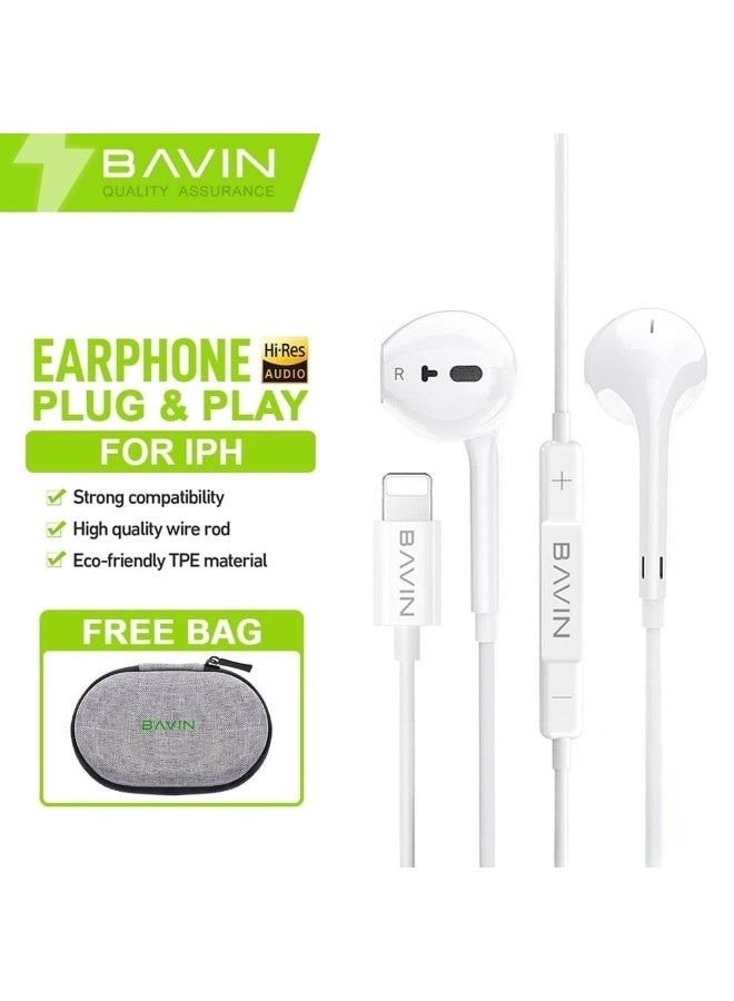 Bavin HX860 Hi-Fi Wired Earphones for iPhone Series with Stereo Sound & Storage Bag White - Image 1