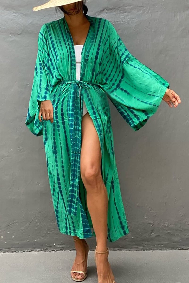 YouKD Women's Bohemian Cardigan Maxi Dress Beach Coverup Robe Long Kimono Robs One Size E Green - Image 5