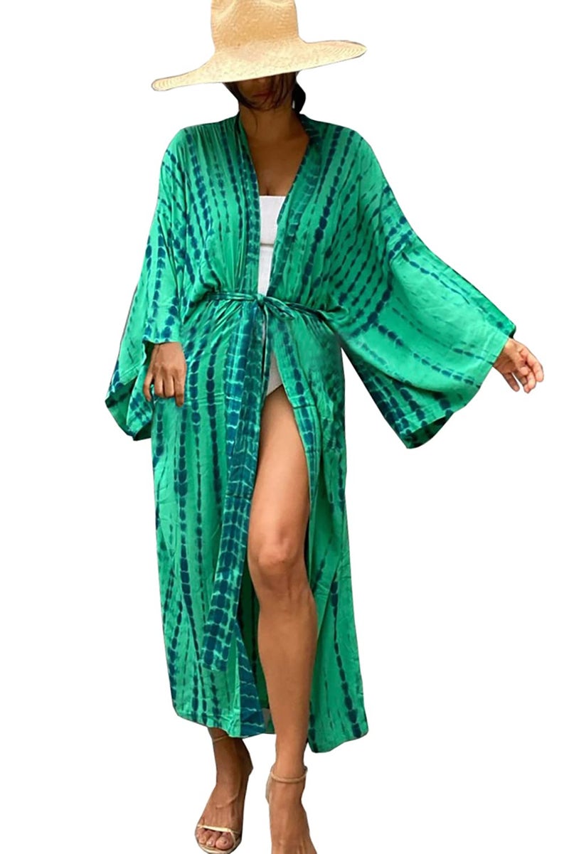 YouKD Women's Bohemian Cardigan Maxi Dress Beach Coverup Robe Long Kimono Robs One Size E Green - Image 1