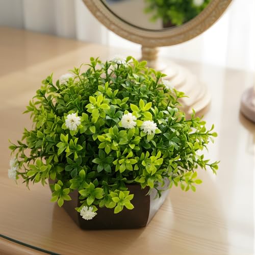 fancymart Artificial Flower Leaves in Wood Hexagon Pot - White - 14cm Height - Home & Office Decor Elegant Potted Plant for Tabletop Enhancement - Image 5
